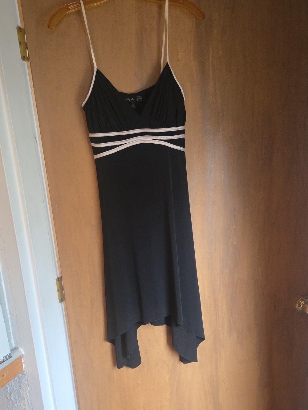 Black Asymmetrical Handkerchief Hem Dress with Cream Trim